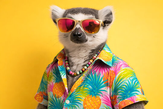 Stylish lemur wearing sunglasses and tropical shirt on bright yellow background funny summer animal portrait vibrant greeting card design