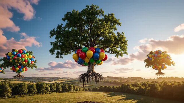 Surreal rural scene of ancient trees lifted into the sky by clusters of colorful balloons, roots exposed and tethered, floating over sunlit meadows under scattered clouds at dusk