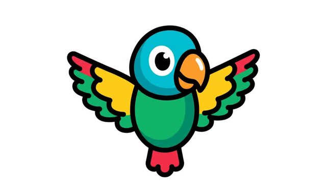 Cute cartoon parrot animation with colorful wings flapping up and down isolated on a white background