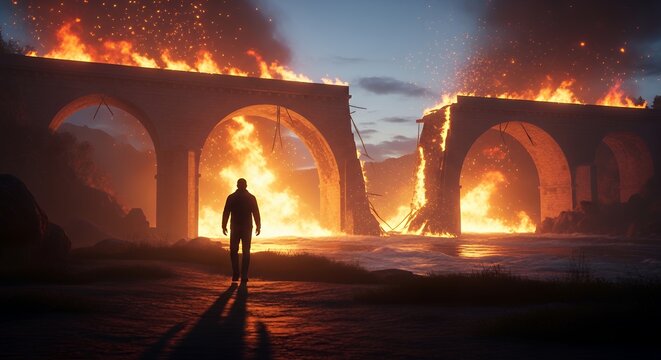 a person walking away from a burning bridge behind them, warm tones, dramatic scene