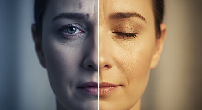 a split face showing regret on one side and peace on the other, soft lighting contrast