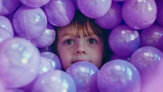 Video A happy little girl having fun in a colorful ball pit filled with purple balls