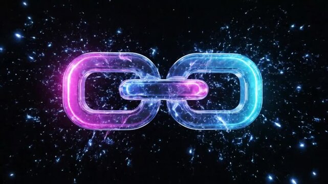 Futuristic Glowing Infinity Symbol Chain Link Animation with Electric Energy and Particle Effects on Black Background