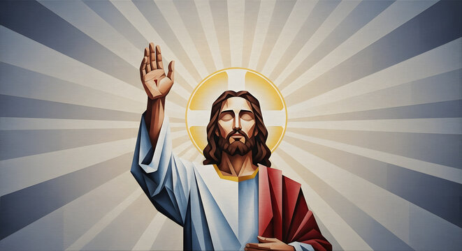 Jesus Christ with raised blessing hand and divine sunburst light rays