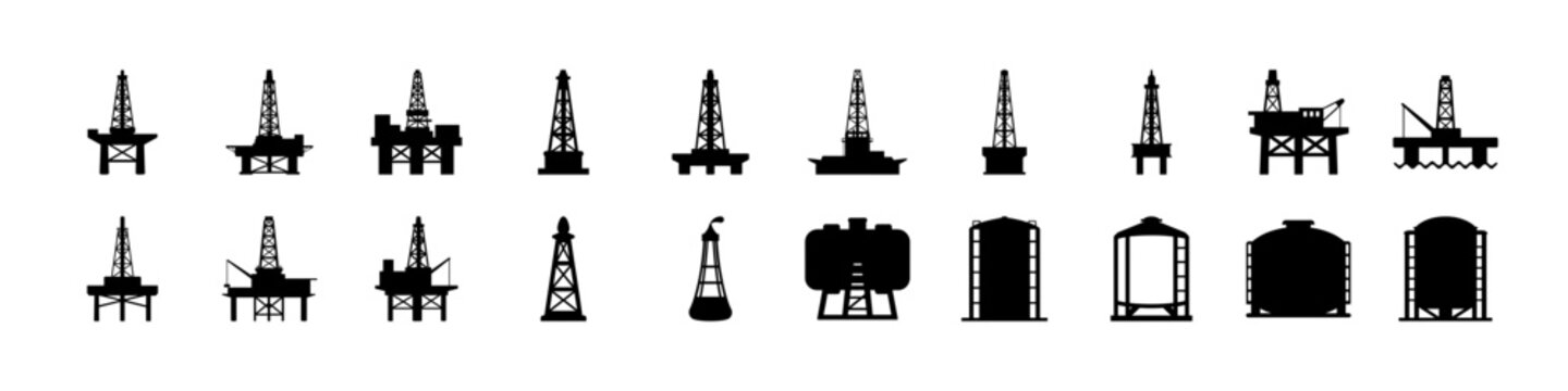 Set of offshore oil rig and platform silhouettes - Black silhouette icons featuring offshore oil rigs, platforms, and drilling structures representing petroleum extraction, energy production, and mari