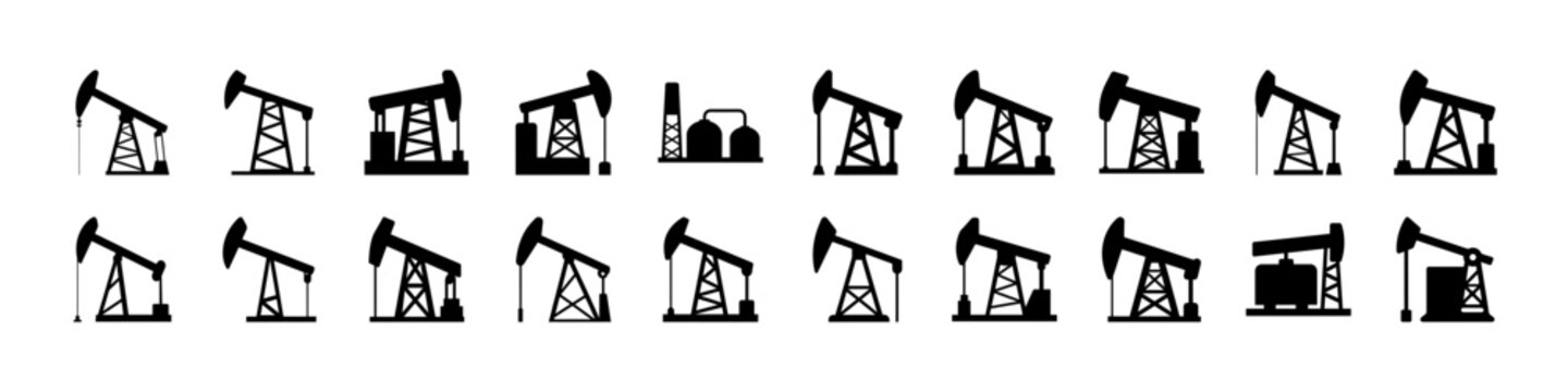 Set of oil pumpjack and drilling machine icons - Black silhouette icons featuring oil pumpjacks and drilling machines in various positions representing petroleum extraction and energy industry operati