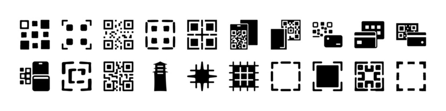 Set of QR code and scanning interface icons - Black silhouette icons featuring QR codes, scanning frames, and mobile interface elements representing digital scanning, identification, and technology in