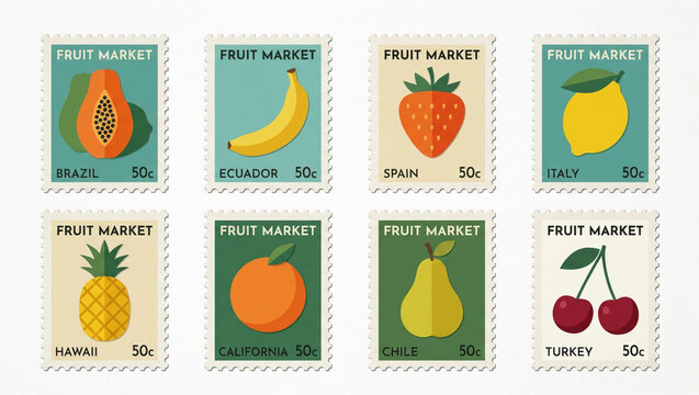 Vintage postage stamp collection with flat fruit icons and country names