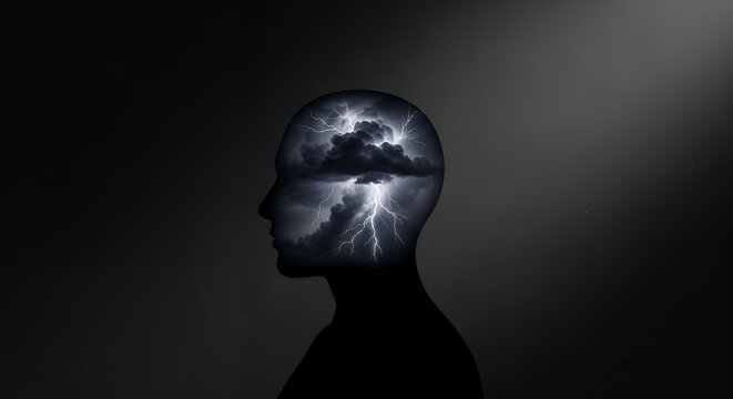 a human silhouette with storm clouds swirling inside the head, minimal dark background, dramatic lighting, symbolic anxiety concept, ultra realistic