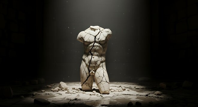 a cracked statue missing pieces in darkness