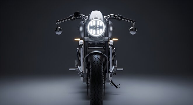 A sleek motorcycle with a round headlight is shown in a dark studio