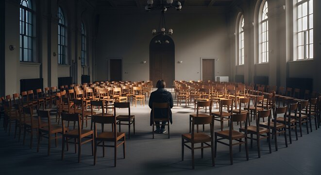 a person surrounded by empty chairs in a large room