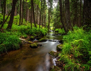 Fototapeta premium A tranquil landscape of a flowing river through a lush forest. Sunlight filters through the tall trees illuminating vibrant green foliage