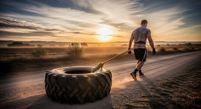 a person walking while dragging heavy weight tied to themselves