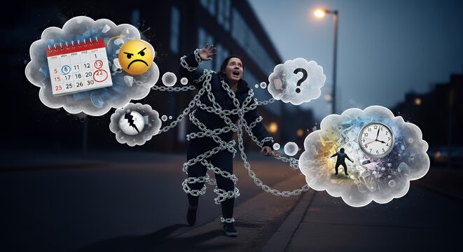a person trying to run but tied to their own thoughts