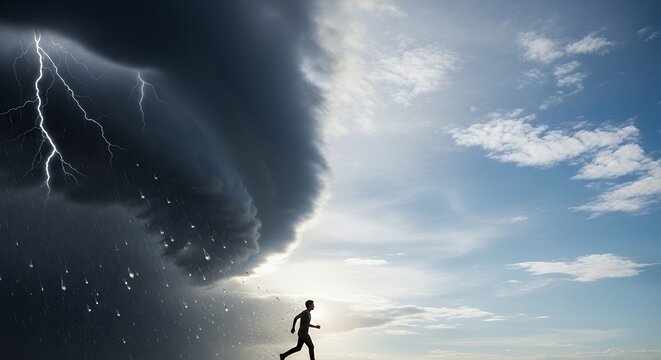 a person stepping out of a storm cloud into clear sky