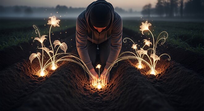 a person planting seeds that grow into light