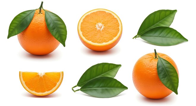 Collection of fresh whole and sliced oranges with green leaves isolated on white background for healthy food design