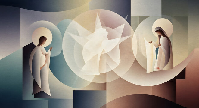 Geometric cubist art depicting a spiritual visitation with angels and light
