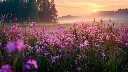Obraz premium Fireweed wildflowers blooming in misty summer meadow at sunrise