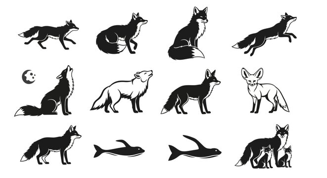 Collection of various wolf silhouettes and a fish on white background illustrating different poses and emotions in black and white