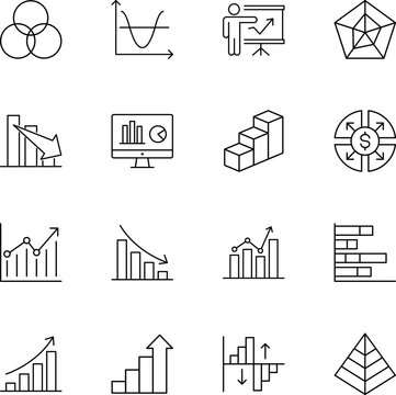 business analytics graphs icons set, bar chart, line graph, pie chart, pyramid