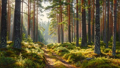 Obraz premium Sunlit pathway winds through a dense evergreen woodland, trees stretching towards the sky. Green foliage covers the ground
