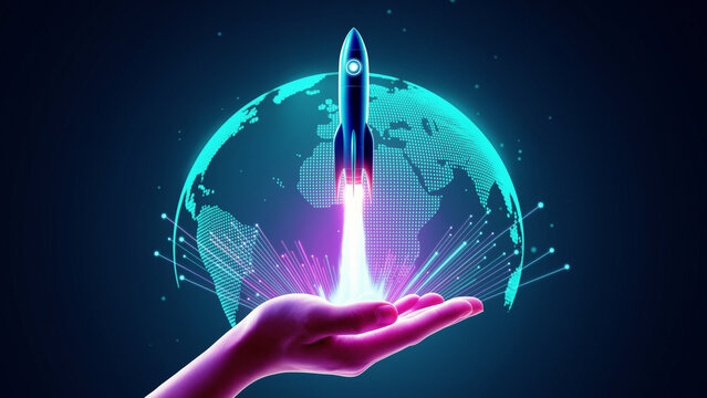A rocket launch from a glowing hand against a digital globe, symbolizing global startup, technological innovation, and future success