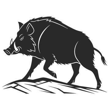A striking black silhouette depicts a wild boar in motion showcasing its formidable tusks and bristly coat against a light background