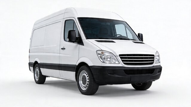  features a high-quality, realistic rendering of a white cargo van, positioned at a slight angle to showcase its side and front.