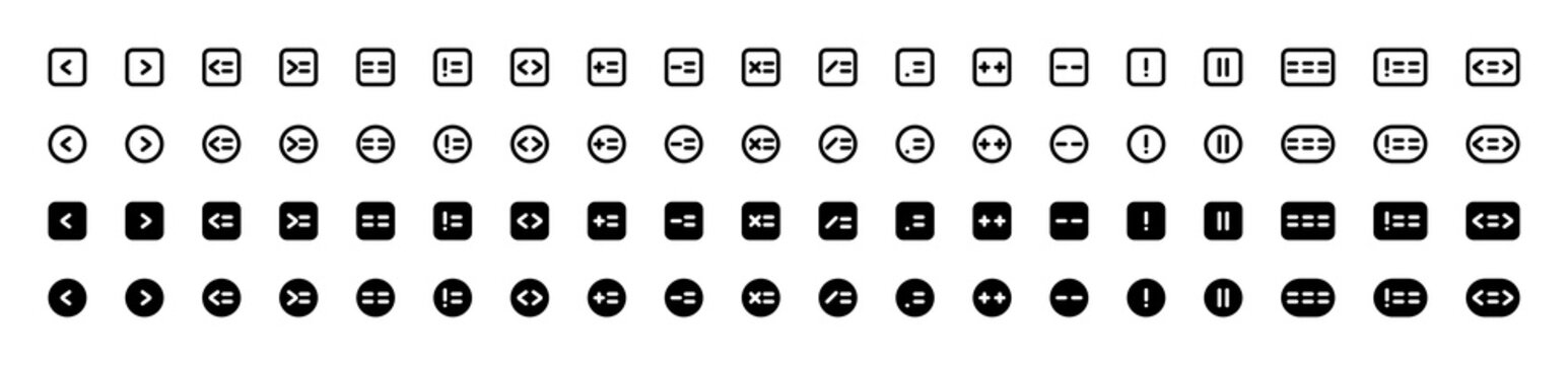 Professional set of coding syntax symbols and mathematical operators icons for software development UI design and programming education projects.