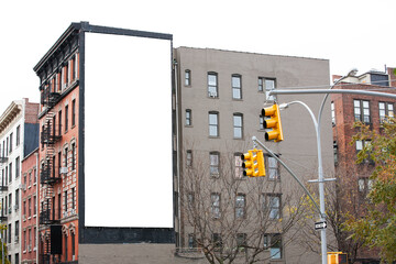 Obraz premium Blank billboard on the brick wall of a building in downtown New York City.