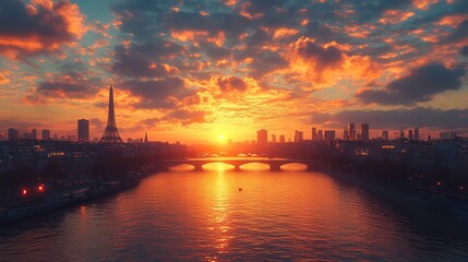 Paris skyline at sunset with the Eiffel Tower and Seine River.