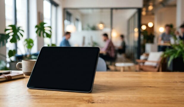 Blank black screen tablet computer mockup on a wooden desk with office bokeh