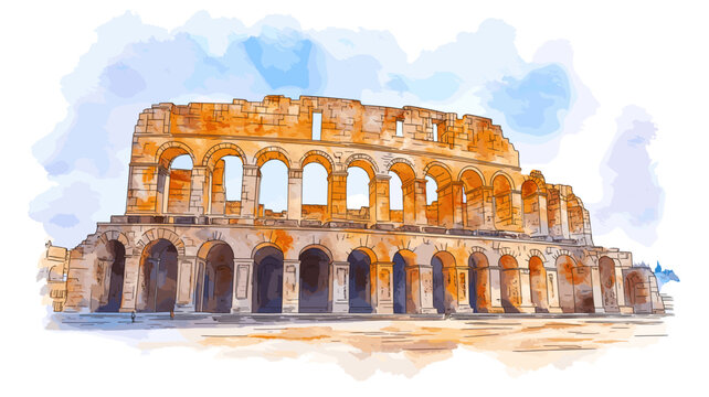 El Jem Amphitheatre. El Jem Amphitheatre hand drawn watercolor illustration on white background