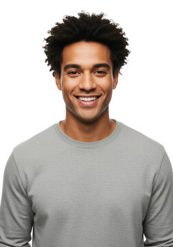 young mixed-race man in grey top with defined curly hair, smiling cheerfully at camera; isolated photorealistic studio portrait on a brilliant white background with copy space concept of casual