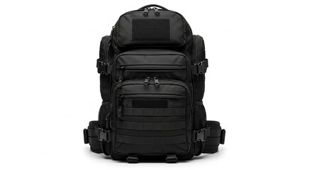 Large black tactical backpack with multiple zippers and pockets isolated on white background © HossanGfx