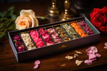 Fototapeta premium Dried flower petals and herbal ingredients filling compartments in a gift box on a wooden table