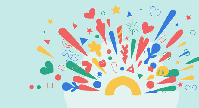 Colorful explosion of shapes and symbols on a light blue background