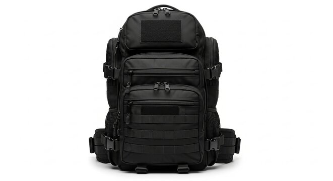 Large black tactical backpack with multiple zippers and pockets isolated on white background