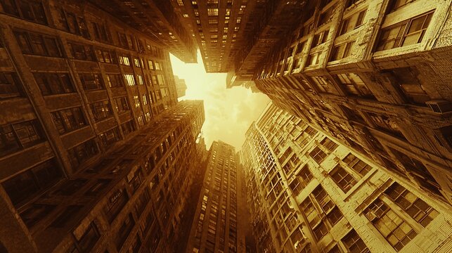 Golden city abyss skyscrapers towering to sky