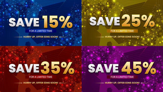 Four sale banners with different discount percentages. Discount percentage promotion marketing advertising shopping. Christmas celebration commerce reduction decrease background template.