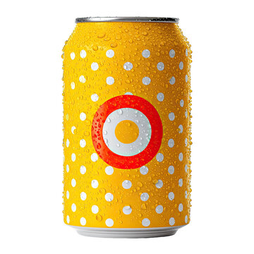 A yellow aluminum can with white polka dots, a bullseye emblem, and condensation droplets