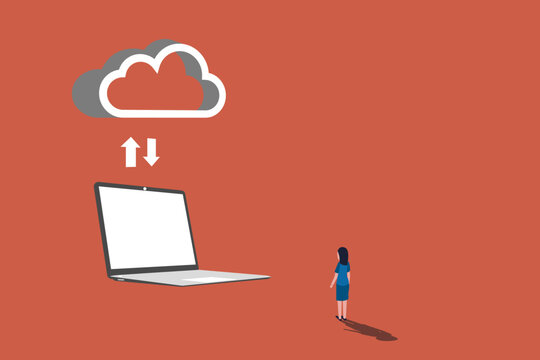 Business woman looking data for download and uploading files. concept of transferred documents to server, copy files, data exchange, backup, saving document in storage, digital data
