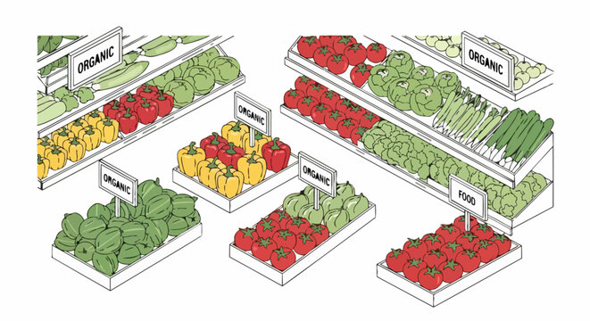 Isometric Grocery Market Display of Fresh Organic Vegetables in Crates including Tomatoes, Peppers, and Greens