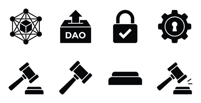 Decentralized autonomous organization icons collection representing blockchain technology and legal processes.