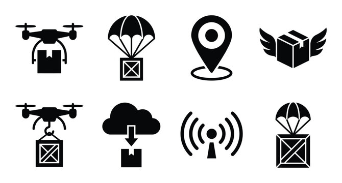 Drone delivery and logistics icons featuring parachute shipping cloud download and location markers