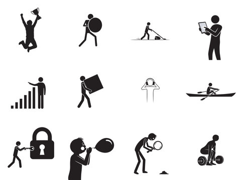 flat design icons of diverse activities and sports in black and white vector set