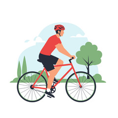 Fototapeta premium Cycling Man Wearing a Helmet Riding a Bicycle Through a Sunny Park Landscape for Exercise