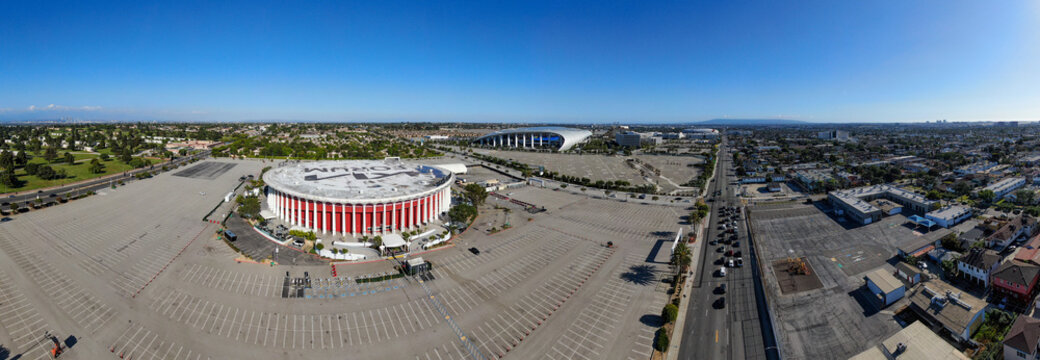 Wide 180 Degree Panoramic Aerial View Of Kia Forum And SoFi Stadium In Inglewood Los Angeles California